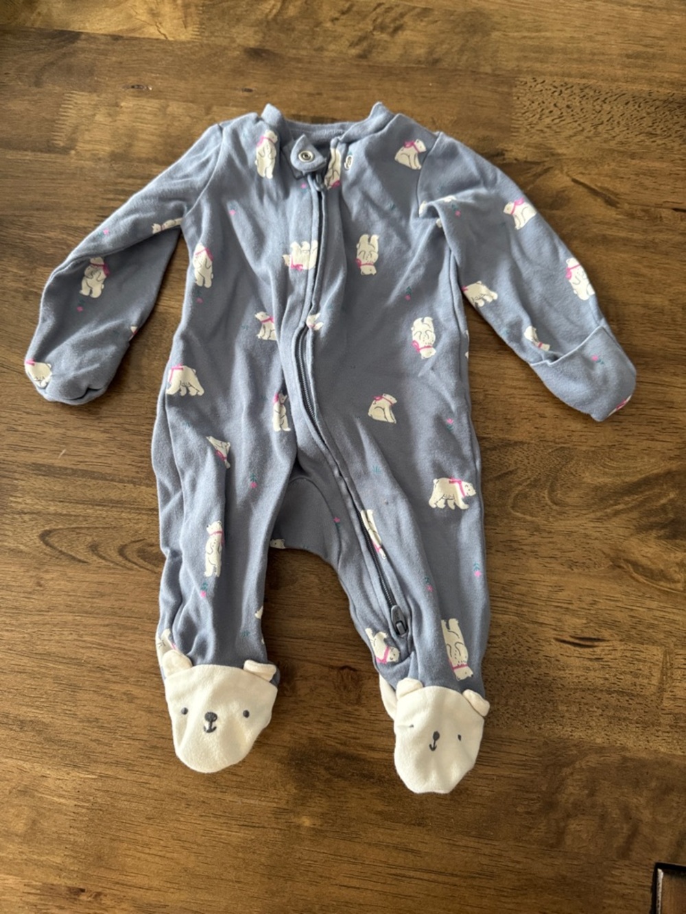 Baby Plush Footed One-Piece in Light Blue with Bear Prints